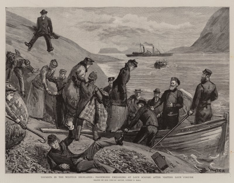 Matkailijoita Länsi-Highlandsissa, matkustajat nousevat alukseen Loch Scavaigissa Loch Coruiskissa vierailun jälkeen. tekijältä Sydney Prior Hall
