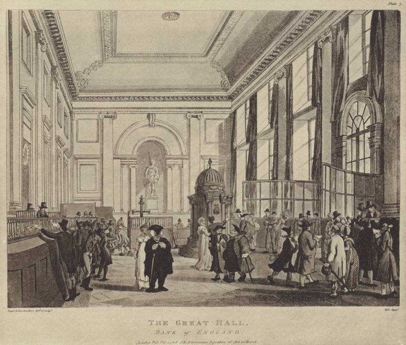The Pay Hall, Bank of England, 1808 tekijältä T. and Pugin Rowlandson