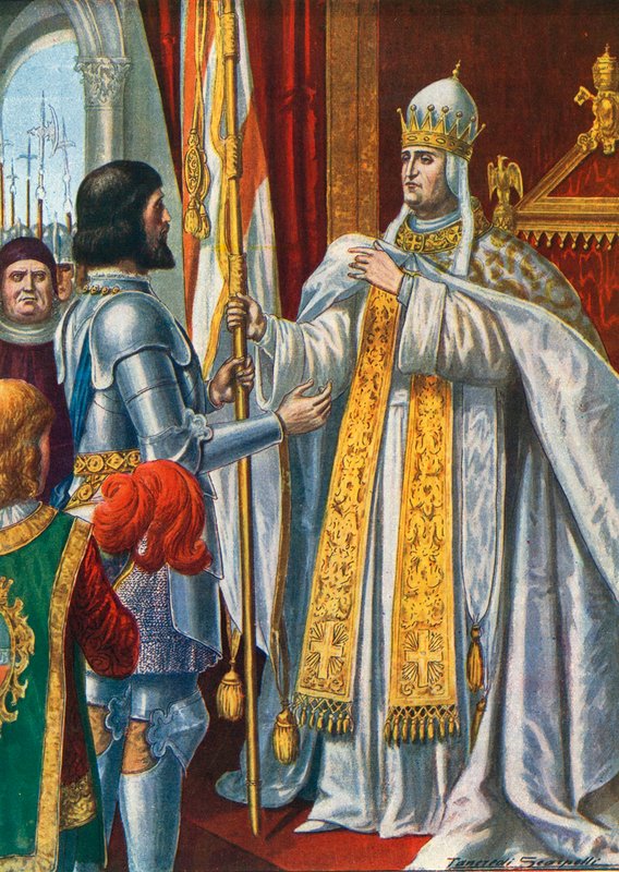 Alberico da Barbiano saa paavi Urban VI:lta lipun, jossa lukee "Italia vapautettu barbaareista", 1379. tekijältä Tancredi Scarpelli
