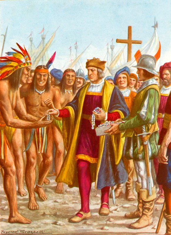 Columbus lähdössä San Salvadoriin jakamassa helmiä yms. alkuasukkaille tekijältä Tancredi Scarpelli