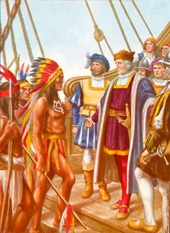 Kolumbus vastaanottaa alkuperäisväestön päällikön Santa Maria the Cacicco Guacanagarin tekijältä Tancredi Scarpelli