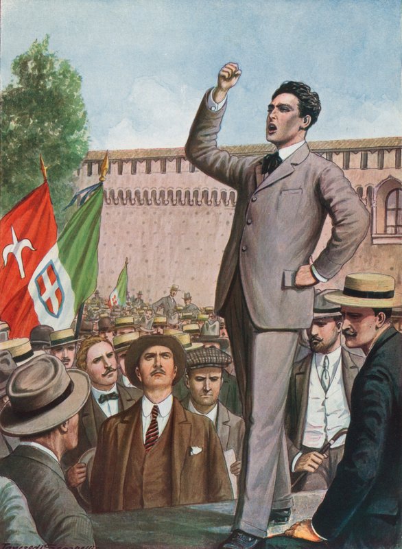 Filippo Corridoni puhuu Milanon väkijoukolle ja vaatii Italian puuttumista sotaan tekijältä Tancredi Scarpelli