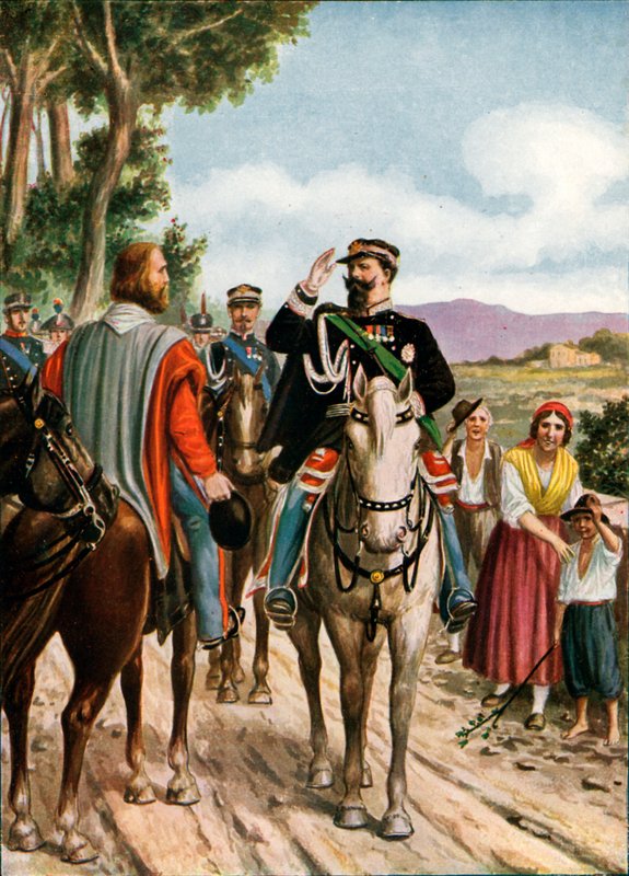 Victor Emmanuel II:n ja Garibaldin historiallinen tapaaminen Teanossa, 1860 tekijältä Tancredi Scarpelli