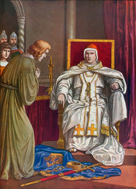 Pyhän Rooman keisari Henrik IV tekee katumusta peruuttaakseen paavi Gregorius VII:n ekskommunikaation tekijältä Tancredi Scarpelli