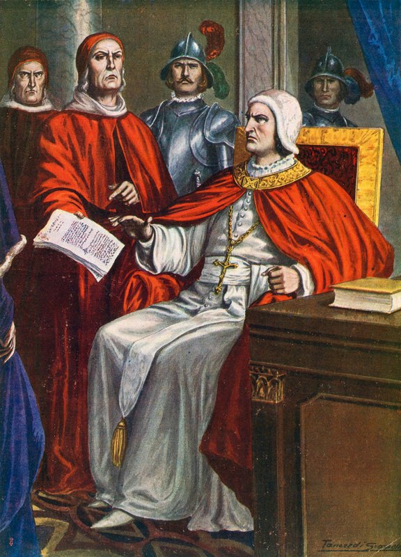 Paavi Klemens VI antaa Ferraran piispalle tehtäväksi esittää uhkavaatimuksen Viscontisille, 1351 tekijältä Tancredi Scarpelli