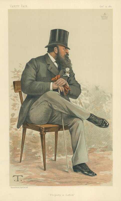 Lord Rendlesham, kiinteistö Suffolkissa, 15. lokakuuta 1881, Vanity Fair -sarjakuva tekijältä Theobald Chartran