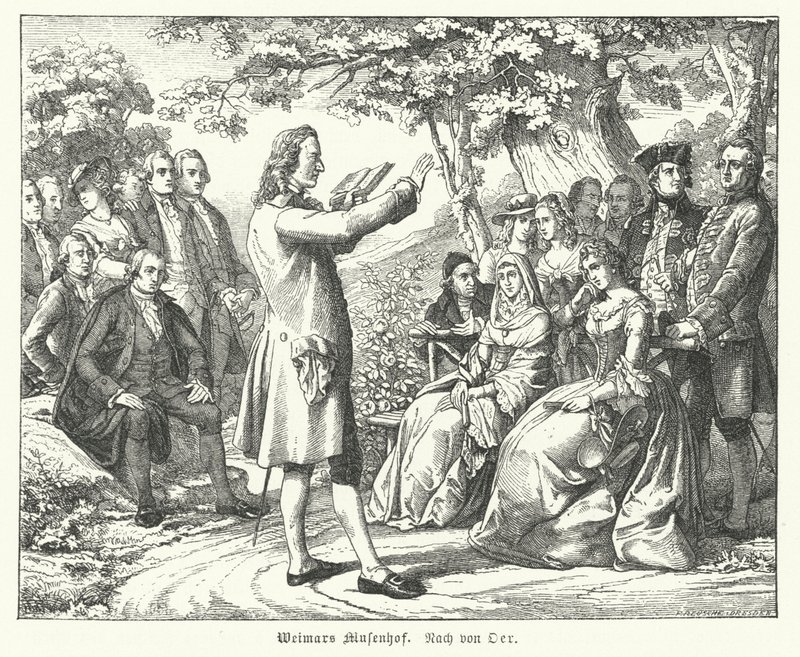 Weimarin muusojen hovi: saksalainen runoilija ja näytelmäkirjailija Friedrich Schiller lukee Schloss Tiefurtissa, kuuntelijoina Christoph Martin Wieland, Johann Wolfgang Goethe ja Johann Gottfried Herder (kaiverrus) tekijältä Theobald Reinhold von Oer