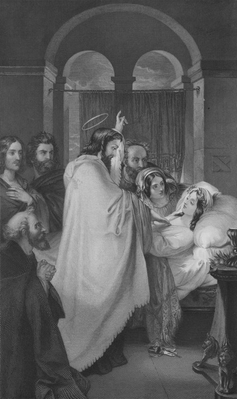 Jairuksen tyttären kasvattaminen (kaiverrus) tekijältä Theodor M. von (after) Holst