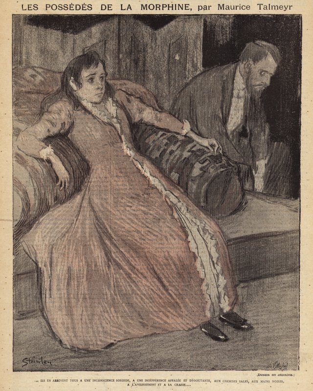 Kohtaus Maurice Talmeyrin Le Possedes de la Morphine -elokuvasta tekijältä Théophile Alexandre Steinlen