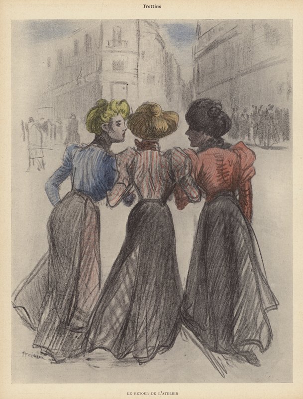 Kolme naista kävelemässä kadulla (väri litho) tekijältä Theophile Alexandre (after) Steinlen