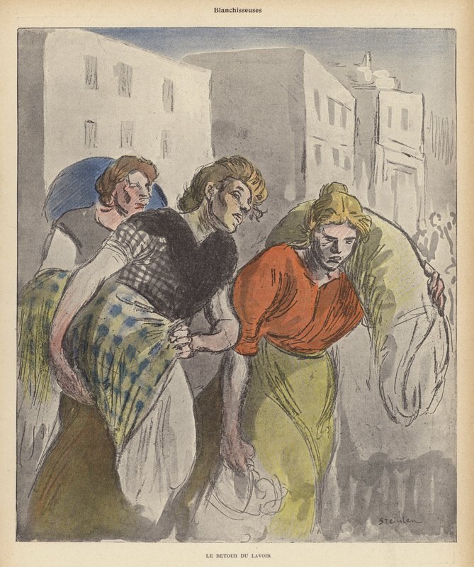 Pesukoneiset palaavat pesusta (värilitho) tekijältä Theophile Alexandre (after) Steinlen