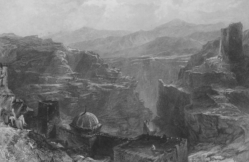 Santa Saban luostari, Ziphin erämaassa, lähellä Jerusalemia. tekijältä Thomas Allom