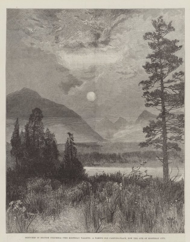 Luonnokset Brittiläisessä Kolumbiassa, Kootenayn laaksoissa, kuuluisassa vanhassa leirintäpaikassa, nyt Kootenayn kaupungin paikalla tekijältä Thomas Moran