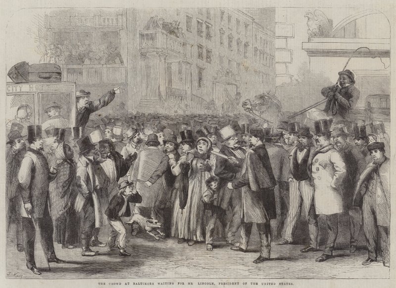 Baltimoren väkijoukko odottaa herra Lincolnia, Yhdysvaltain presidenttiä tekijältä Thomas Nast
