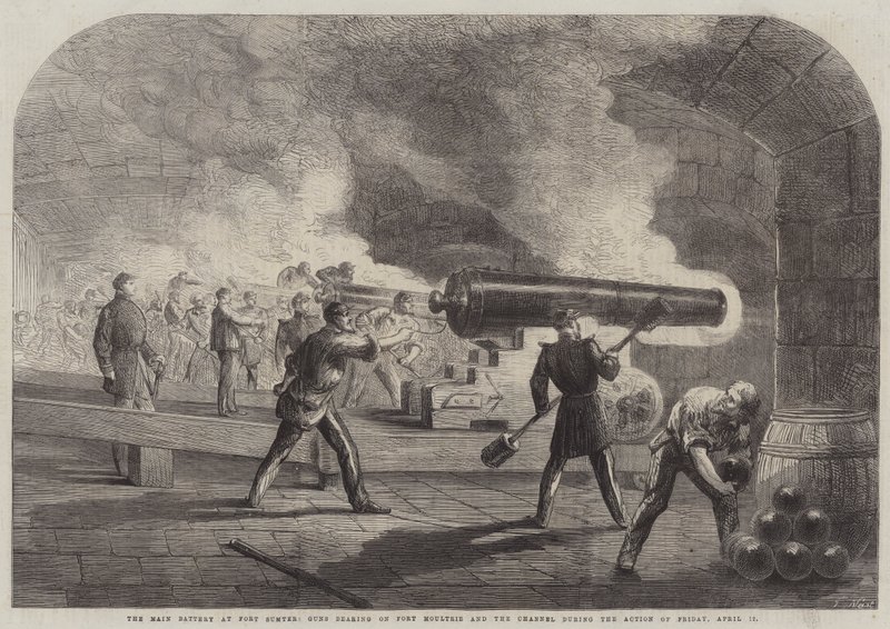 Pääpatteri Fort Sumterissa, aseet Fort Moultriessa ja kanavalla perjantaina 12. huhtikuuta tekijältä Thomas Nast