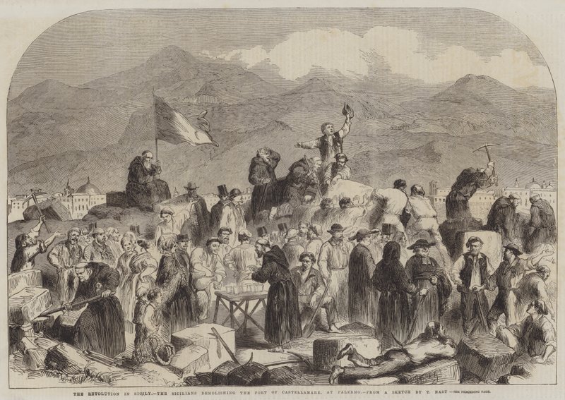 Vallankumous Sisiliassa, sisilialaiset tuhosivat Castellamaren linnakkeen Palermossa tekijältä Thomas Nast