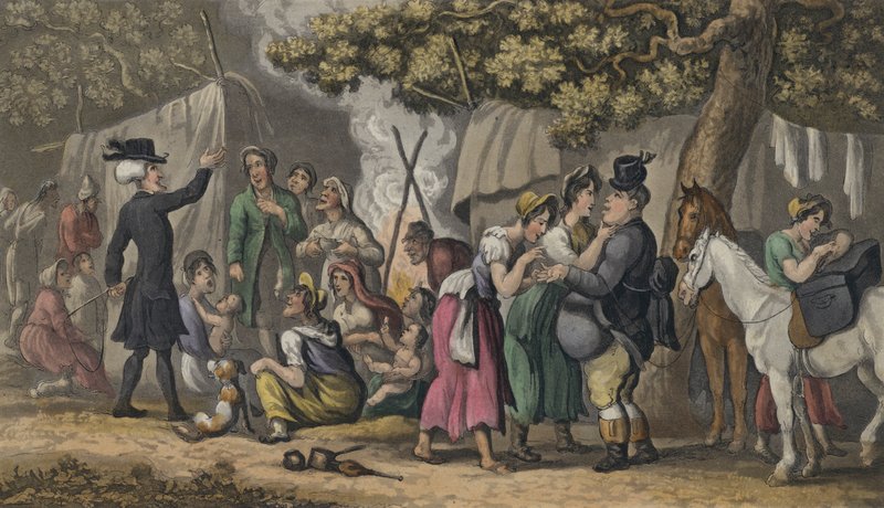 Tohtori Syntax ja mustalaiset (akvatintta) tekijältä Thomas after Rowlandson