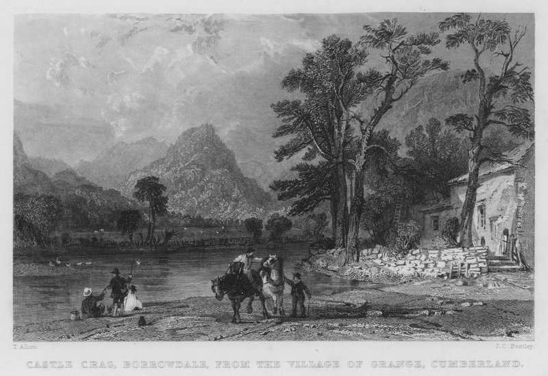 Castle Crag, Borrowdale, Grangen kylästä, Cumberlandista (kaiverrus) tekijältä Thomas (after) Allom