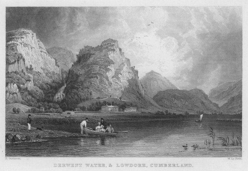 Derwent Water ja Lowdore, Cumberland (kaiverrus) tekijältä Thomas (after) Allom