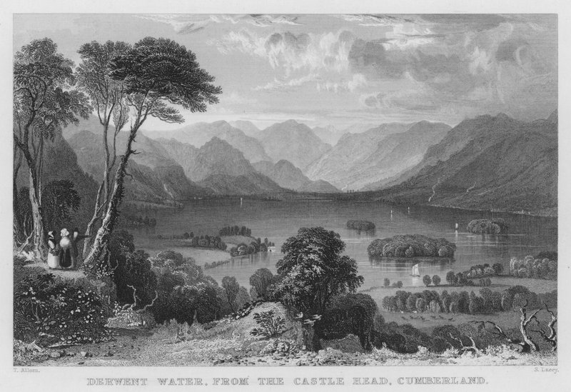 Derwent Water, Castle Headistä, Cumberland (kaiverrus) tekijältä Thomas (after) Allom