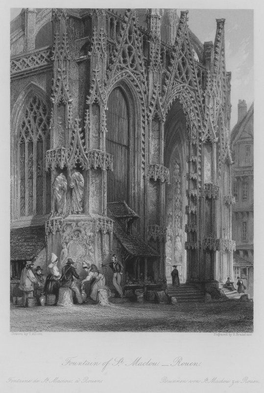 St Macloun suihkulähde, Rouen (kaiverrus) tekijältä Thomas (after) Allom