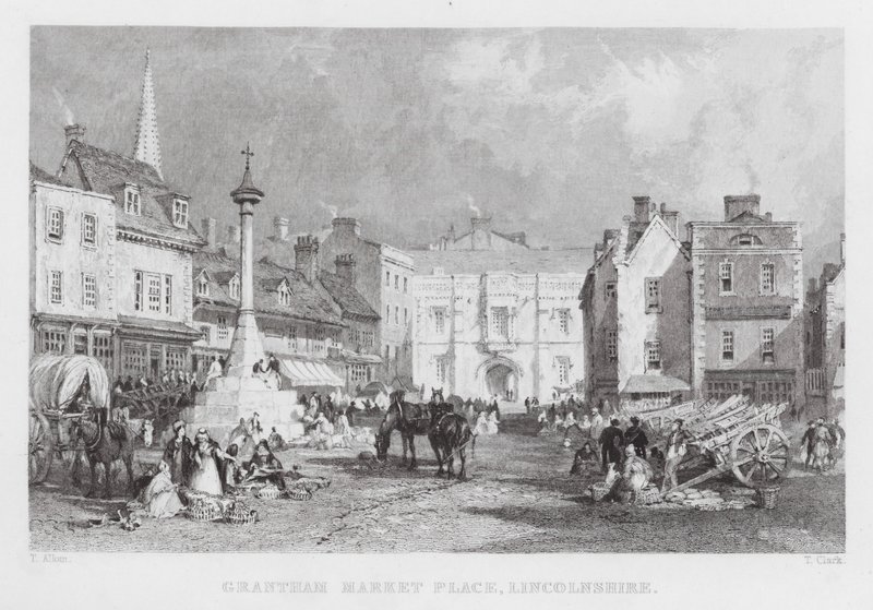 Grantham Market Place, Lincolnshire (kaiverrus) tekijältä Thomas (after) Allom