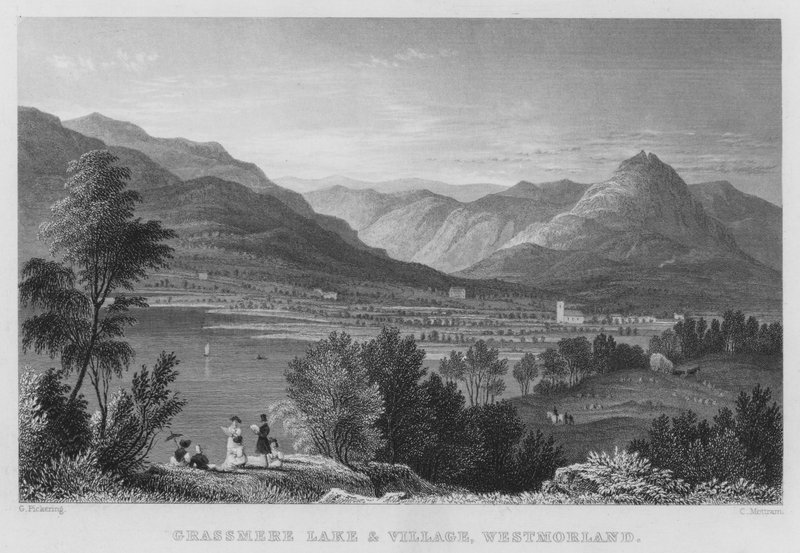Grassmere Lake and Village, Westmorland (kaiverrus) tekijältä Thomas (after) Allom