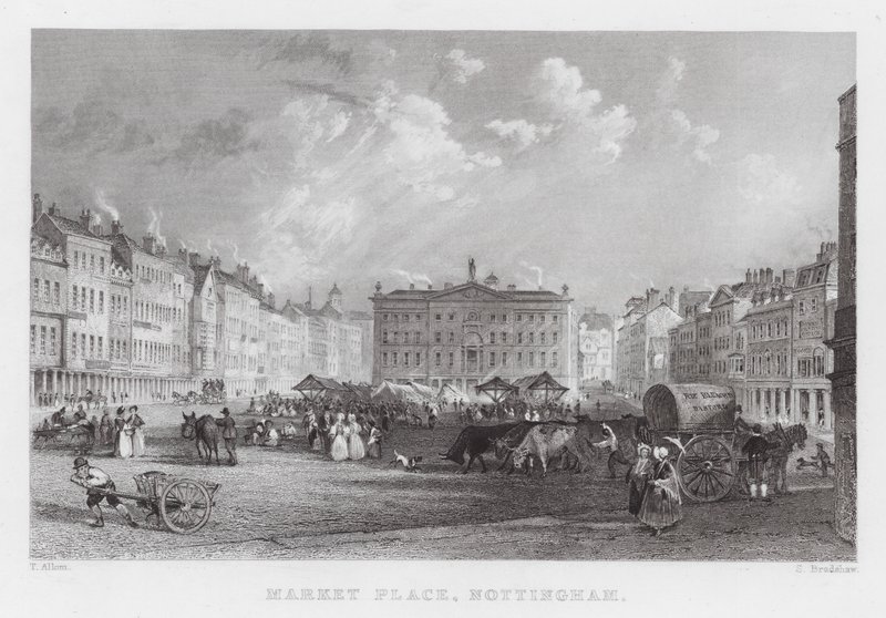 Market Place, Nottingham (kaiverrus) tekijältä Thomas (after) Allom