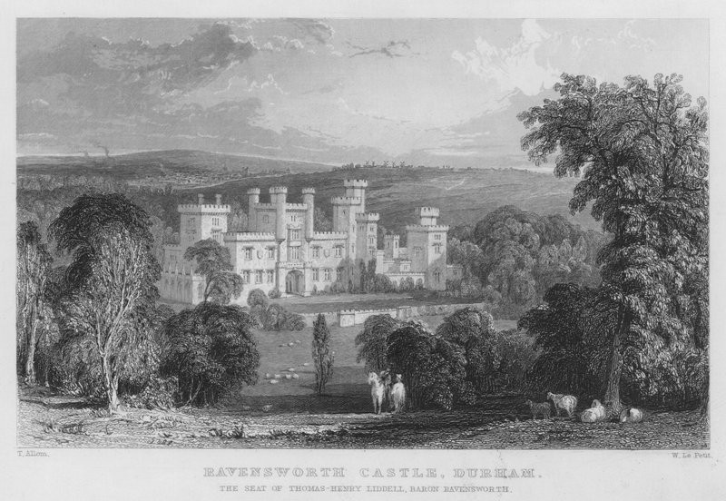 Ravensworthin linna, Durham, Thomas-Henry Liddellin, Baron Ravensworthin kotipaikka (kaiverrus) tekijältä Thomas (after) Allom