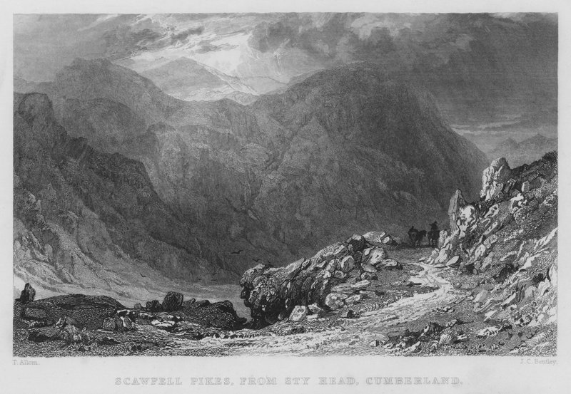 Scawfell Pikes, Sty Head, Cumberland (kaiverrus) tekijältä Thomas (after) Allom