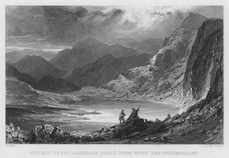 Stickle Tarn, Langdale Pikes, Pavey Arkista, Westmorlandista (kaiverrus) tekijältä Thomas (after) Allom