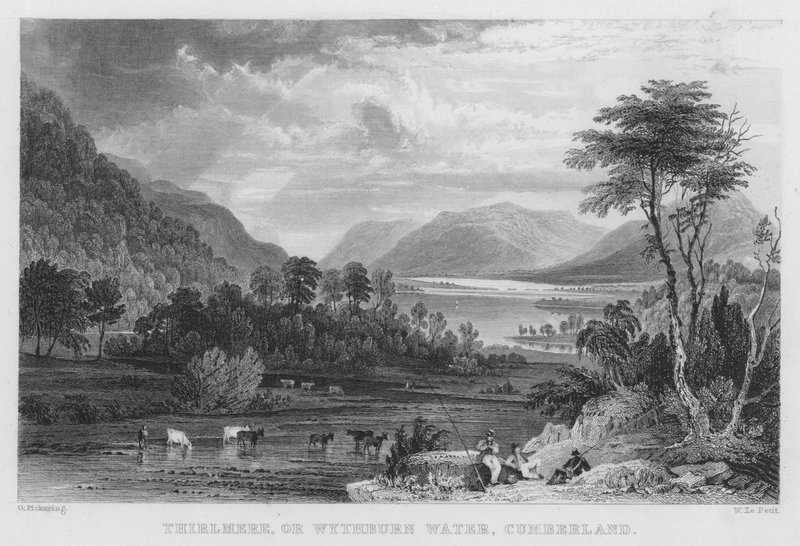 Thirlmere tai Wythburn Water, Cumberland (kaiverrus) tekijältä Thomas (after) Allom