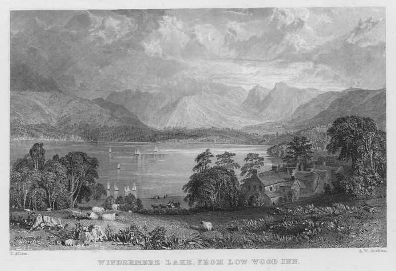 Windermere Lake, Low Wood Inniltä (kaiverrus) tekijältä Thomas (after) Allom