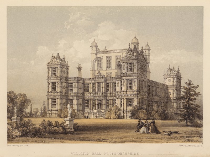 Wollaton Hall, Nottinghamshire (akvatinta) tekijältä Thomas (after) Allom