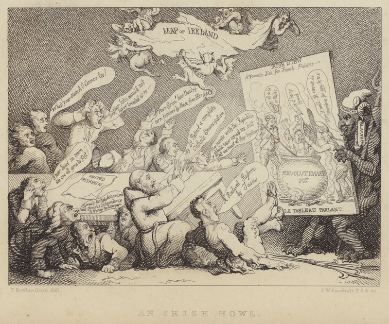 Irlantilainen ulvo: Yhdistyneiden irlantilaisten kansalliskonventin kokous, jolle esitetään republikaanismin kauhuja, joista esimerkkinä Ranskan vallankumous tekijältä Thomas (after) Rowlandson