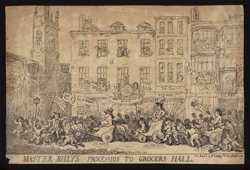 Mestari Billyn kulkue Grocers Halliin; Poliittinen satiiri William Pitt nuoremman kulkueesta Grocers Halliin vastaanottaakseen Lontoon Cityn vapauden tekijältä Thomas (after) Rowlandson