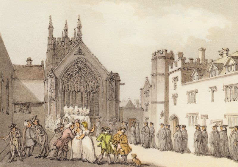Merton College ja kappeli, ensimmäisestä nelikulmasta (väri litho) tekijältä Thomas (after) Rowlandson