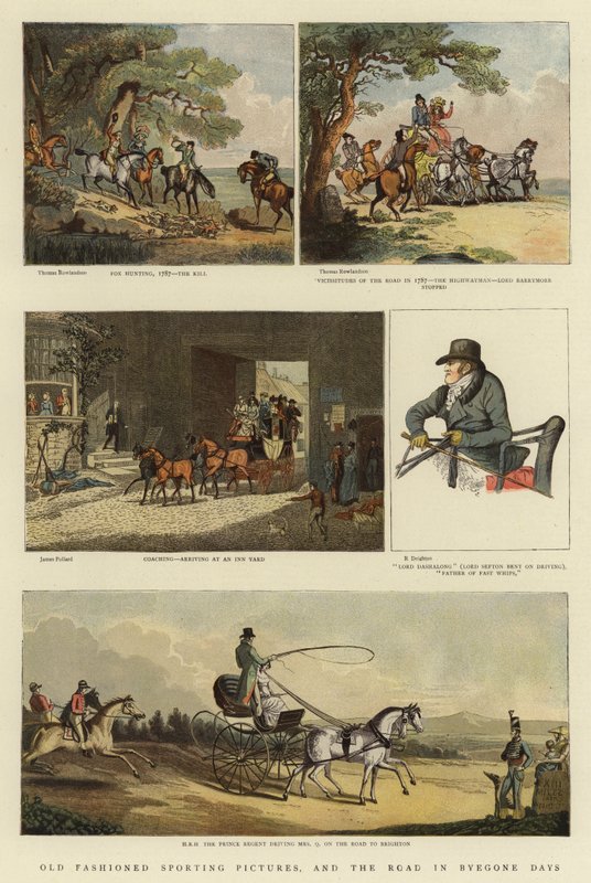 Vanhanaikaisia urheilukuvia ja tie menneinä aikoina (värilitho) tekijältä Thomas (after) Rowlandson