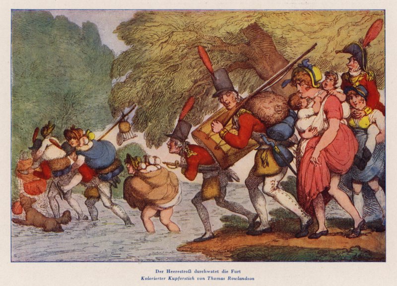 Sotilaat maaliskuussa (värillinen kaiverrus) tekijältä Thomas (after) Rowlandson