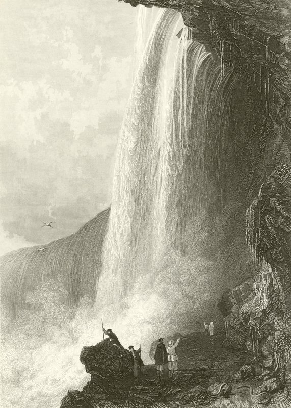 Horse Shoe Fall, Niagara. Sisäänkäynti Cavern of -luolaan, Englannin puolella. tekijältä Thomas Allom