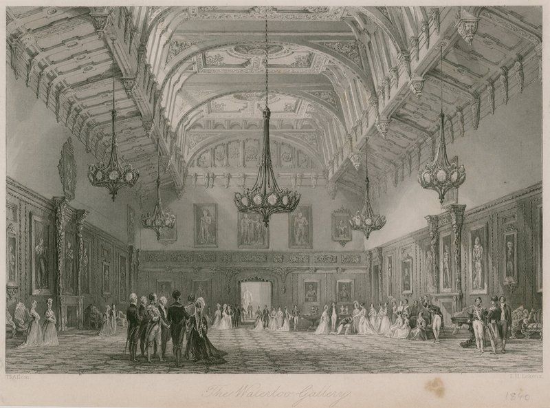 Waterloo-galleria, Buckinghamin palatsi. Julkaistu 1840 tekijältä Thomas Allom