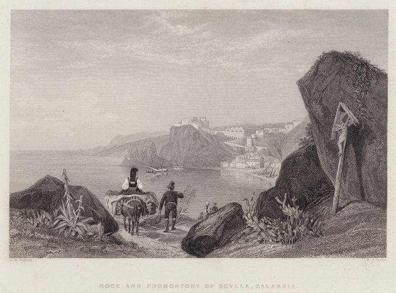 Scyllan kallio ja niemeke, Calabria, Italia (kaiverrus) tekijältä Thomas Brabazon Aylmer
