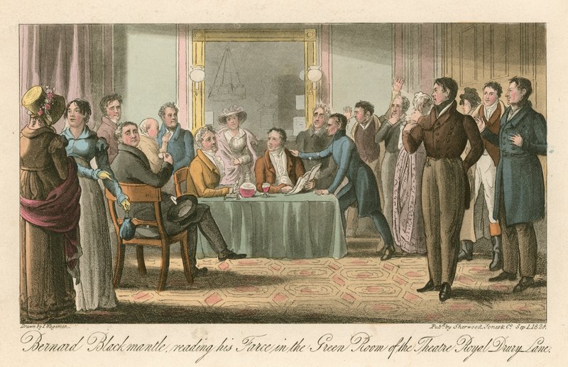 Bernard Blackmantle lukemassa farssia Theatre Royalin vihreässä huoneessa, Drury Lane, Lontoo tekijältä Thomas Charles Wageman