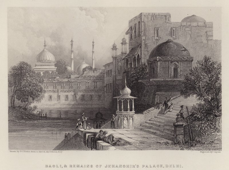 Baoli ja Jehanghirin palatsin jäännökset, Delhi (väri litho) tekijältä Thomas Colman (after) Dibdin