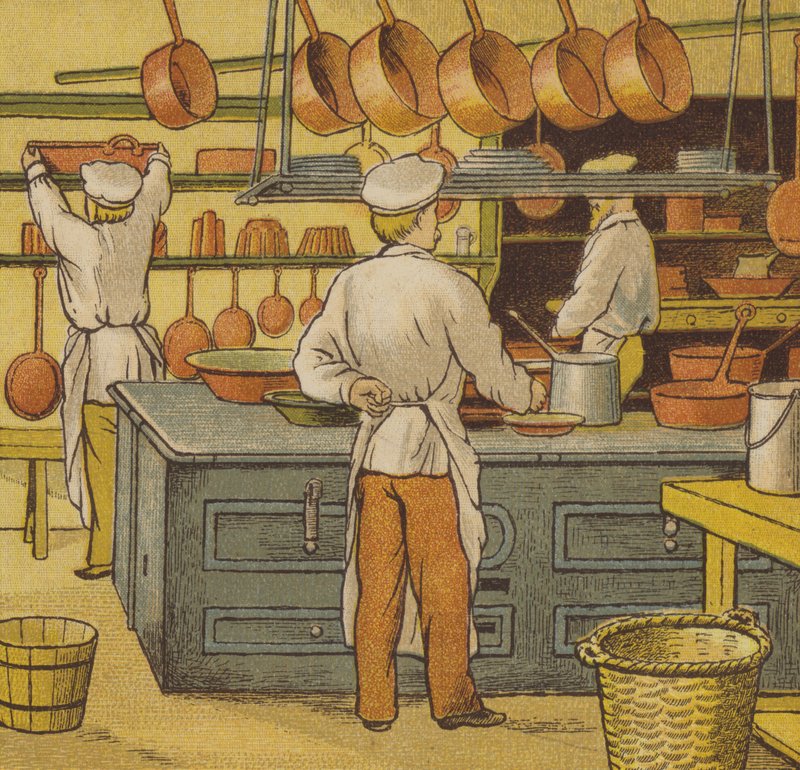 Caen: hotellin keittiö (väri litho) tekijältä Thomas Crane