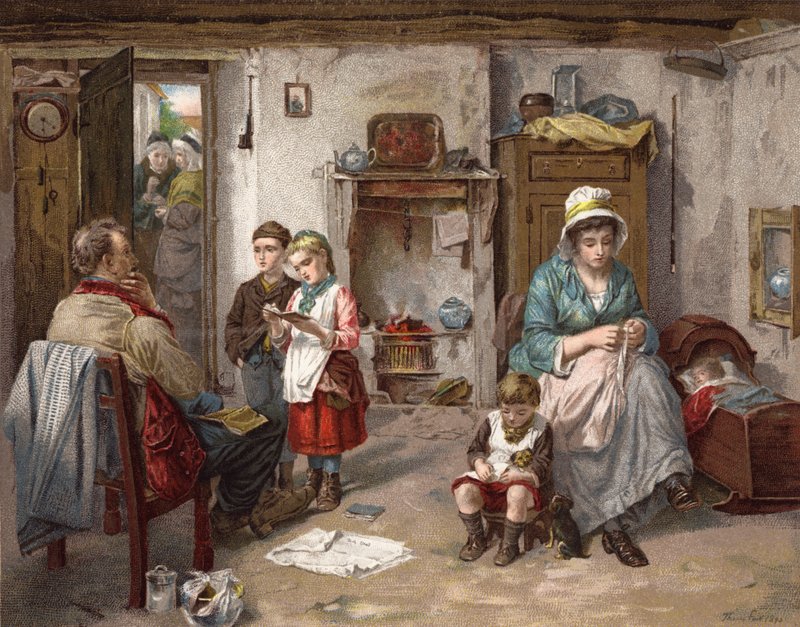 Koululautakunta mökissä (väri litho) tekijältä Thomas Faed