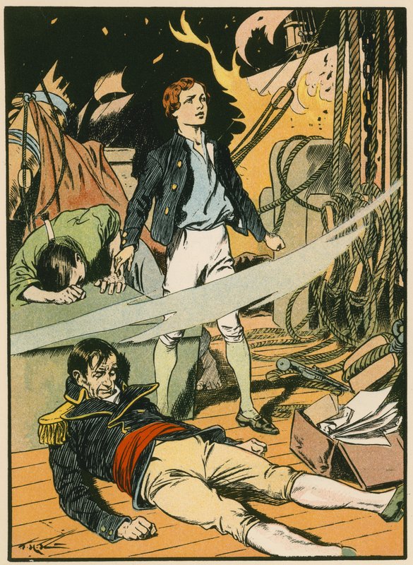 Casabianca palavalla laivalla (värilitografia) tekijältä Thomas Heath Robinson