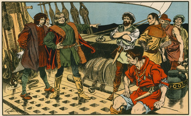 Kristoffer Kolumbus matkalla Amerikkaan (värilitografia) tekijältä Thomas Heath Robinson