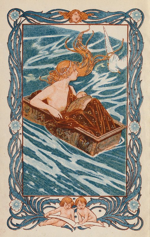 Danae ja Perseus (värilitografia) tekijältä Thomas Heath Robinson