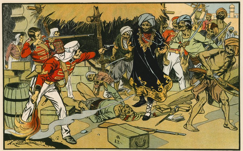 Lehden tuhoaminen Delhissä (värilitografia) tekijältä Thomas Heath Robinson
